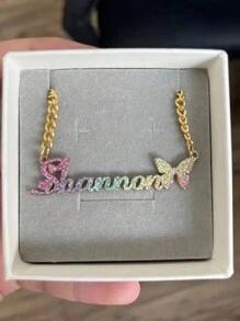 Customized Stainless Steel Nameplate Necklace, Women Matte Color Name Necklace On Chain, Personalized Jewelry With Butterfly & Heart Pendant Valentines - Gold - View 8