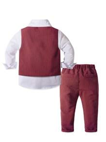 Conjunto formal de 4 piezas para niño pequeño para boda/fiesta - Camisa blanca, chaleco rojo, pantalones, corbata de moño, traje de estilo caballero para actuación - Rojo y blanco - Ver 3