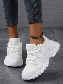 女士舒适厚底运动鞋,透气运动鞋,轻便软底,尺码 43-45,圆头系带低帮休闲旅游鞋 - 白色 - 查看 3
