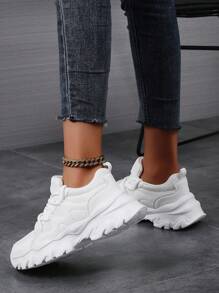 女士舒适厚底运动鞋,透气运动鞋,轻便软底,尺码 43-45,圆头系带低帮休闲旅游鞋 - 白色 - 查看 5