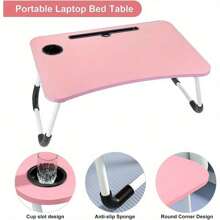 Laptop Bed Table Laptop Tray Lap Tray Breakfast Foldable Bed Tray Portable Lap Table With Handle Cup Holder Notebook Stand For Bed, Back To School - Pink - View 5