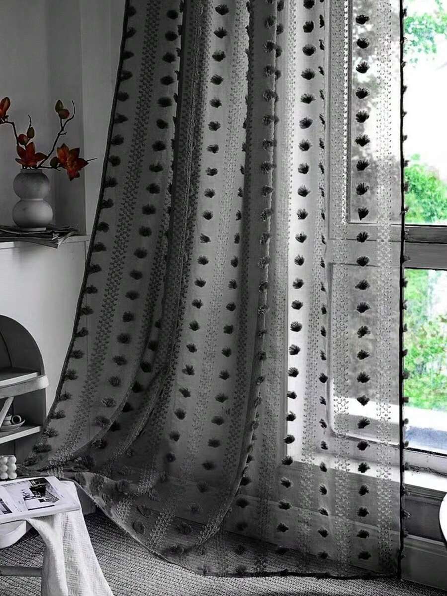 1 件黑色卧室优雅半透明雪球纱窗帘 - 黑色 - 查看 1