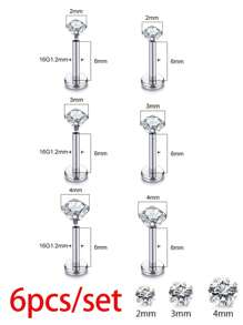 6PCS Stainless Steel Nose Stud Cartilage Piercing Jewelry Helix Tragus Lip Flat Back Tiny Earrings For Women 16G - Silver - View 3