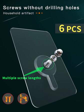 6 piezas Ganchos adhesivos para pared sin perforación, ganchos para marcos de fotos, ganchos de pared de acero inoxidable resistentes para baño, accesorios para estantería y toallero, se pueden usar en todas las paredes lisas y duras - decoración para el hogar, decoración de escenarios, decoración de fiestas temáticas, decoración de paredes, 6 longitudes de tornillos para elegir