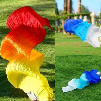 1pc Belly Dancing Fan, Extra Long Flowing Silk Double-Sided Gradient Color Vintage-Style Performance Fan, Chinese Style Practice Fan