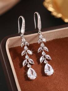 2 件叶子长吊坠耳环女式镀银方晶锆石耳环奢华新娘婚礼珠宝订婚周年礼物送给女朋友妻子情侣情人节 - 銀色 - 查看 7