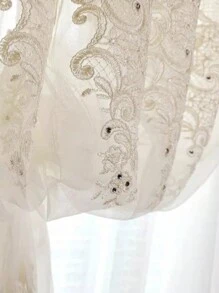 1 件法国奢华进口刺绣欧洲高端蕾丝珍珠刺绣薄纱窗帘适用于卧室、客厅、阳台 - 白色 - 查看 8