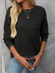 Camiseta feminina solta casual com decote redondo e bolso, manga comprida, cor sólida, outono