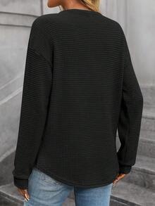 Camiseta feminina solta casual com decote redondo e bolso, manga comprida, cor sólida, outono