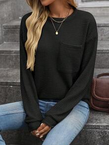 Camiseta feminina solta casual com decote redondo e bolso, manga comprida, cor sólida, outono