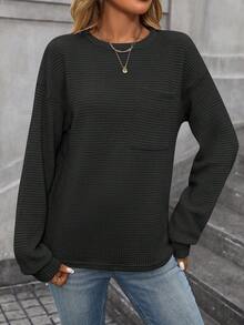 Camiseta feminina solta casual com decote redondo e bolso, manga comprida, cor sólida, outono