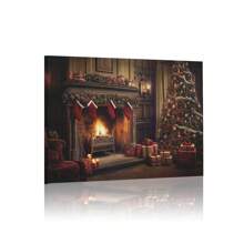 1 Piece Warm Fireplace Christmas Living Room Wall Art Canvas Print, Christmas Tree, Christmas Decor Home,Stockings, Gifts, Ready To Hang, Vintage Nostalgia, For Living Room, Room, Home Wall Decor Or Outdoor Art Winter Decor Sign, Canvas Material Framed