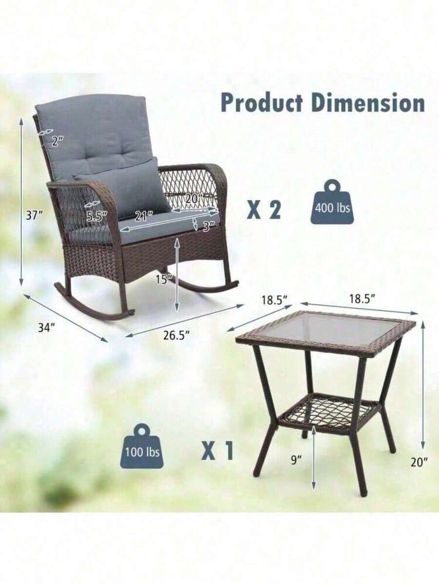 3 PCS Rocking Bistro Rattan Conversation Dining Sofa Set W/ 2Tiers