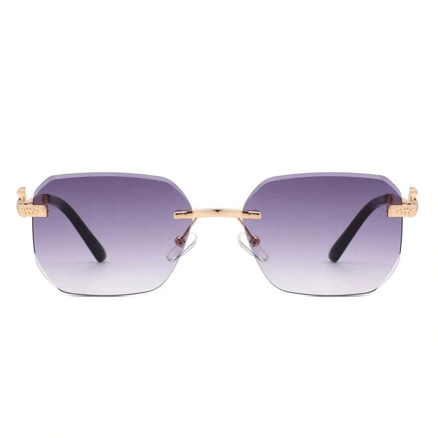 1pc Rimless Curved Rectangle Sunglasses With Tinted Square Lenses For Women And Men, Y2K Retro Geometric Shades. Perfect For Streetwear Looks, Summer Styling, Vacation Outfits, Music Festivals, And Casual Outdoor Wear - 紫色 - 查看 1