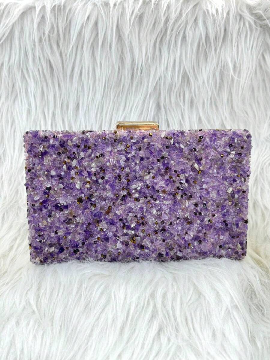 Women's Square Colorful Rhinestone Party Wedding Clutch Bag With Chain Strap - Màu tím - Xem 1