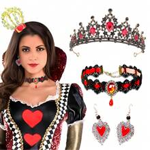 3 Pcs/Set Queen Cosplay Costume Accessories Includes Gold Crown Headband Heart Rhinestone Scepter Red Heart Drop Earrings For Women Cosplay Party Costume