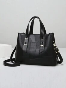 时尚简约女士手提包，优雅大气PU拼接单肩包，大容量通勤斜挎包，适合女性日常使用 - 黑色 - 查看 6