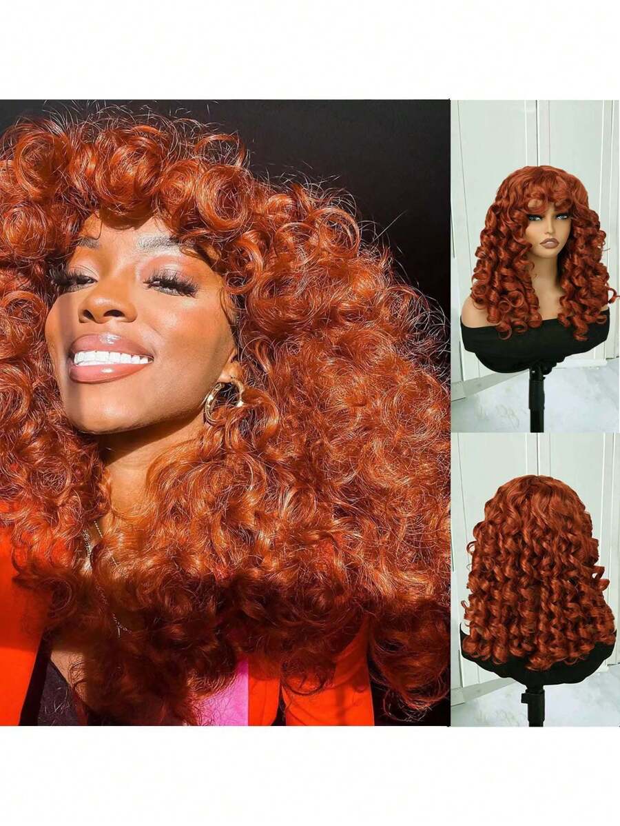 18 Inch Copper Ginger Synthetic Fiber Curly Wig With Bangs, Fluffy Natural Looking Cosplay Wig, Heat Resistant