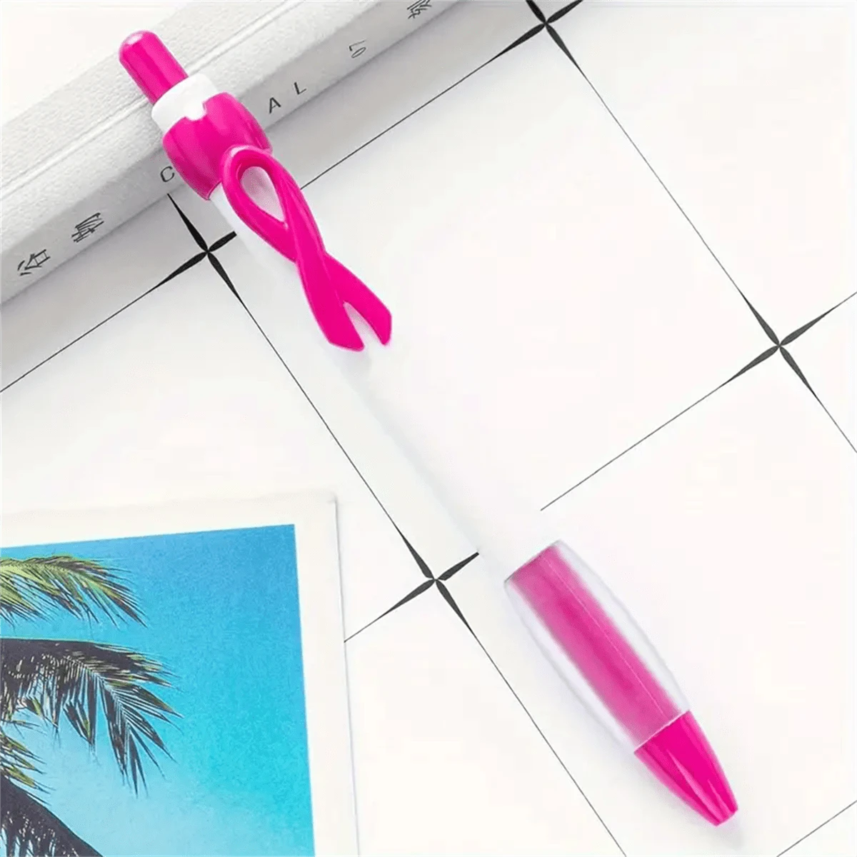 6pcs Pink Ribbon Consciousness Retractable Ballpoint Pen, Plastic