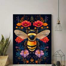 1pc Colorful Plant Flowers And Bee Canvas Art Printing Poster - Canvas Wrapped Framed - Gothic Floral Wall Decoration Ideal For Bedroom, Hallway, Office, Living Room Home Decoration, Wall Art Decoration