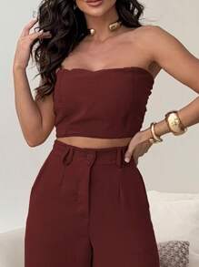 Women's Set High Waisted Wide Leg Pants And Cropped Top In Duna - Burgundy - View 6