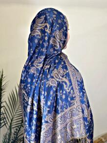 1条女士波西米亚风复古佩斯利提花羊绒围巾，休闲优雅防晒披肩，适合日常佩戴 - 寶藍色 - 查看 5