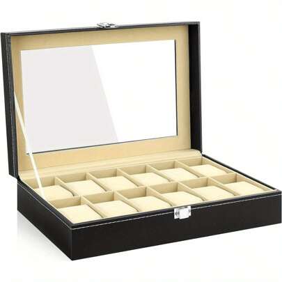 Watch Box With 12 Slots PU Leather Watch Display Case Watch Storage Box With Glass Lid Removable Watch Pillows Velvet Lining Lockable Metal Clasp For Men And Women For Halloween, Christmas, Birthday, New Year Gifts, Gifts For Friends