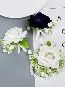 1PC 婚礼新郎新娘胸花手腕花,仿真玫瑰星空新郎伴郎迎宾翻领花,伴娘团婚礼手花,情人节婚宴手腕花手腕花,婚礼用品 - 彩色 - 查看 6