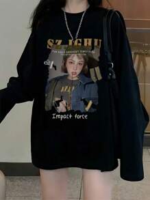 Women's Round Neck Casual Versatile Teenage Long Sleeve Fashionable Printed T-Shirt, Autumn/Winter - Black - View 1