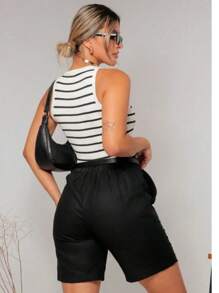 Striped Tank Top Basic Ribbed Sleeveless T-Shirt Blogger Fashion - trắng - Xem 3