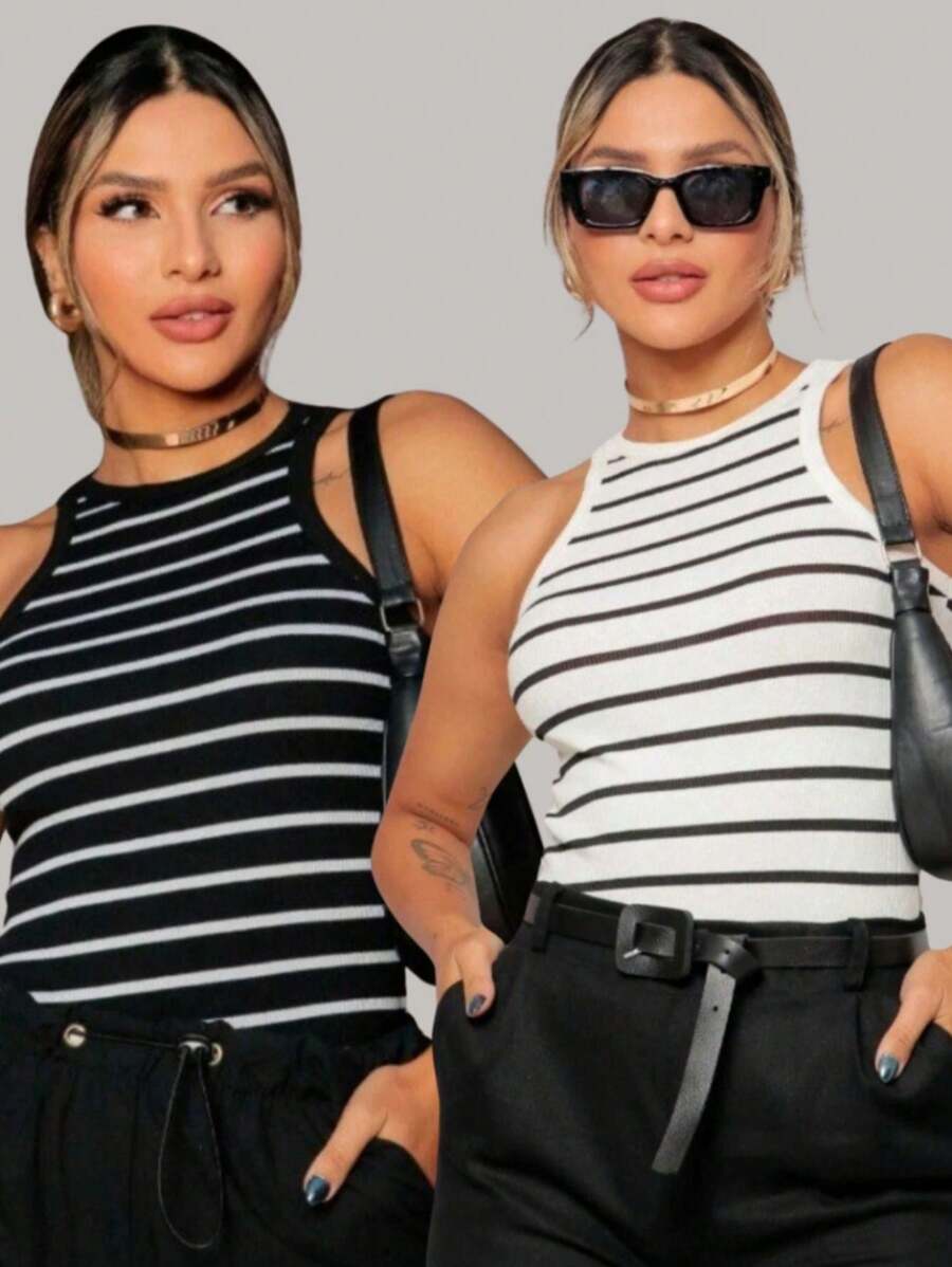 Striped Tank Top Basic Ribbed Sleeveless T-Shirt Blogger Fashion - trắng - Xem 1