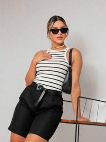 Striped Tank Top Basic Ribbed Sleeveless T-Shirt Blogger Fashion - trắng - Xem 2