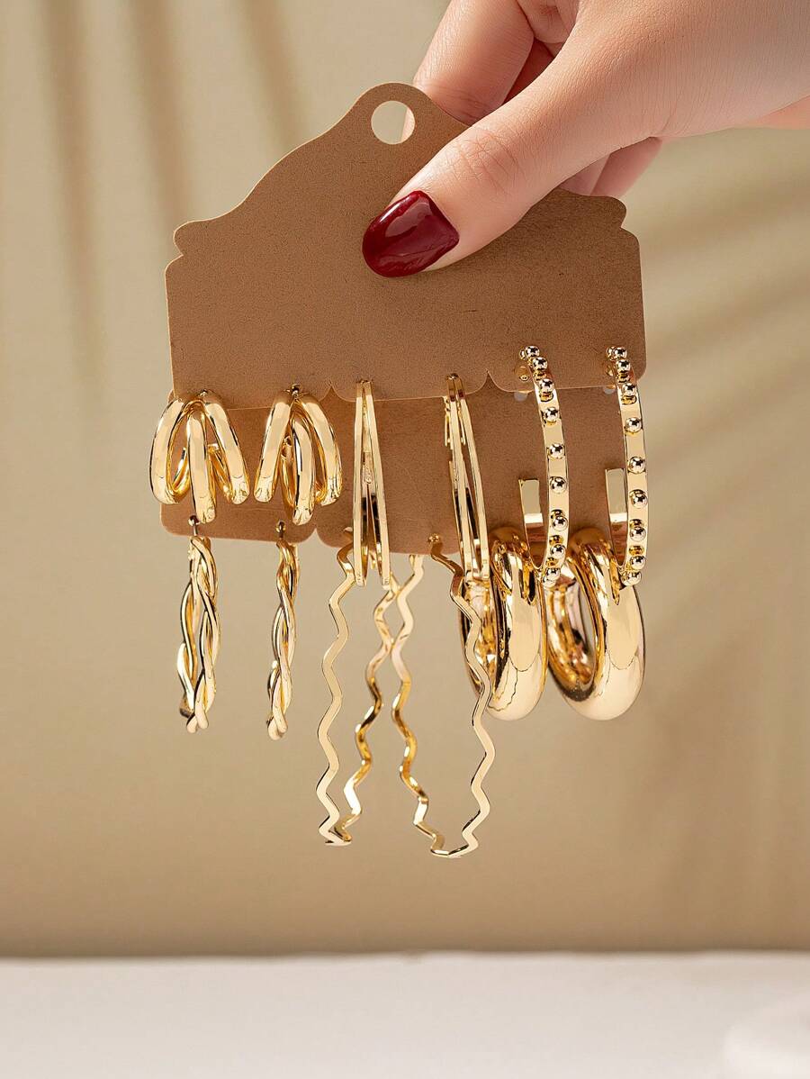 6 对基本款金色简约大金属环耳环套装女士 - 金色 - 查看 1