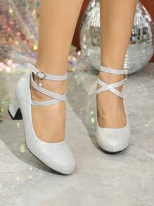 Women's Spring/Autumn Mary Jane Pumps High Heels, Round Toe Lace-Up, Vacation/Party Style