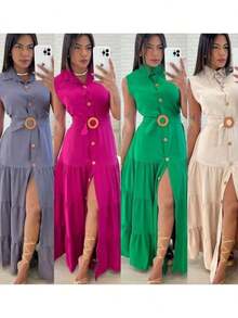 Women's Sensory Long Dress With Removable Belt - 淺灰色 - 查看 2