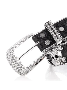 Cinto de Couro de Moda de Rua Brilhante Feminino com Decoração de Caveira e Strass, Verão, Escola, Outono, Halloween