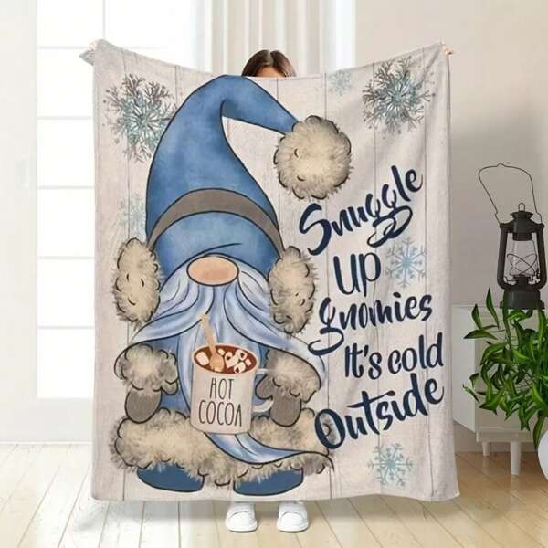Comfortable Flannel Christmas Themed Blanket - Vintage Design Of Coffee Dwarf & Snowflake, Blue & Gray Color Tone Digital Printing - Suitable For Living Room, Bedroom, Sofa And Camping - Ideal Gift For Friends, Family And Classmates