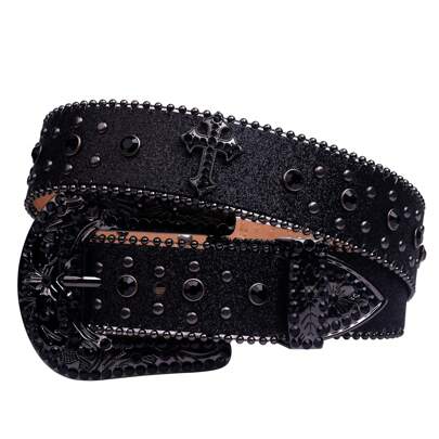 Men's Rhinestone Leather Belt, Women's Fashion Western Cowgirl Punk Rhinestone Decor Leather Belt With Rhinestone Design, For Jeans, Street, Sexy Party, Retro, PU Leather Summer, School Fall, Autumn, Halloween