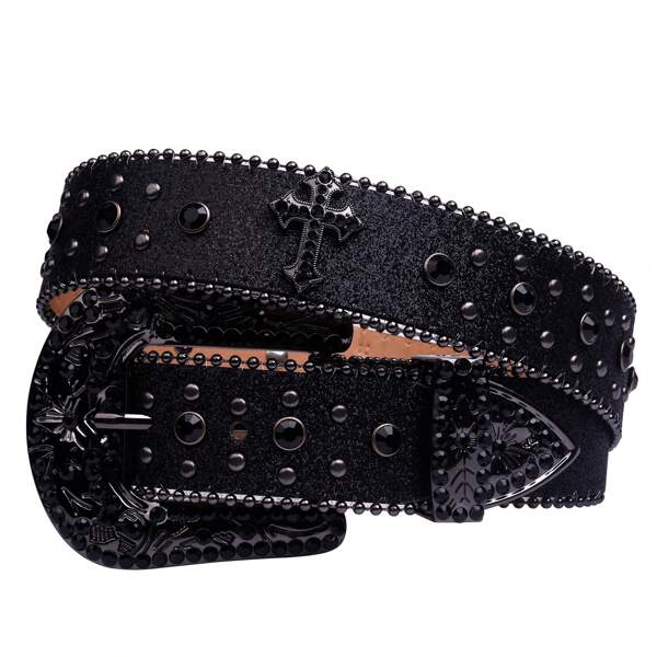 Cinto de couro com strass masculino, cinto de couro com decoração punk e strass estilo cowgirl ocidental feminino com design de strass, para jeans, rua, festa sexy, retrô, couro sintético, verão, outono escolar, Halloween