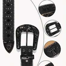 男士水钻皮带，女士时尚西部牛仔朋克水钻装饰皮带，带水钻设计，适合牛仔裤、街头、性感派对、复古、PU 皮革夏季、学校秋季、秋季、万圣节 - A - 查看 6