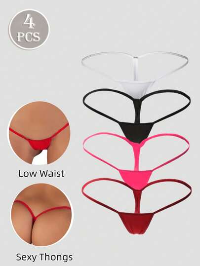 4 pièces Strings sexy pour femmes, sous-vêtements sexy, culottes, strings de couleur unie, taille basse à un fil