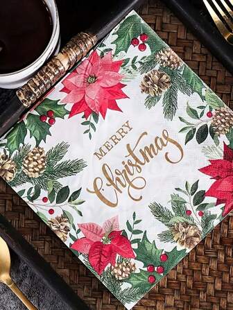 20pcs/Set Christmas Paper Designed With Holly And Poinsettia Napkins, Suitable For Holiday Meals And Party Decorations,Christmas