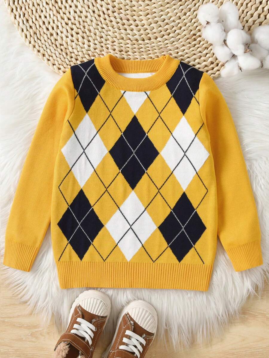 Áo len dệt kim họa tiết kẻ caro khối màu Jacquard cổ tròn cho bé trai, mùa thu và đông - Màu Mù tạt vàng - Xem 1