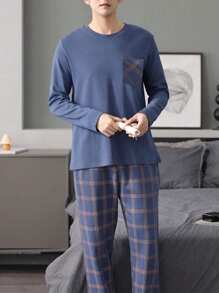 2pcs/Set Men's Sleepwear Pajama Set, Round Neck Long Sleeve Top & Pants, Breathable And Moisture-Wicking, For Spring And Autumn, Fall Winter Clothes