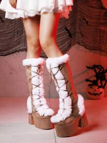 Women Knee High Boots Warm Faux Furry Chunky High Heel Platform Luxury Halloween Punk Goth Cosplay Fuzzy Snow Boots - Màu be - Xem 4