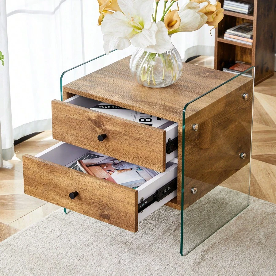 Double-Drawer Bedside Table. The Board Surface Is MDF Sticker, And Both Sides Are Transparent Tempered Glass. The Design Is Simple And Elegant, With Excellent Storage Functions.