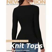 Women's Long Sleeve Crewneck Sweater 2024 Fall Ribbed Knit Fitted Shirts Slim Solid Pullovers Basic Casual Tee Tops - 黑色 - 查看 2