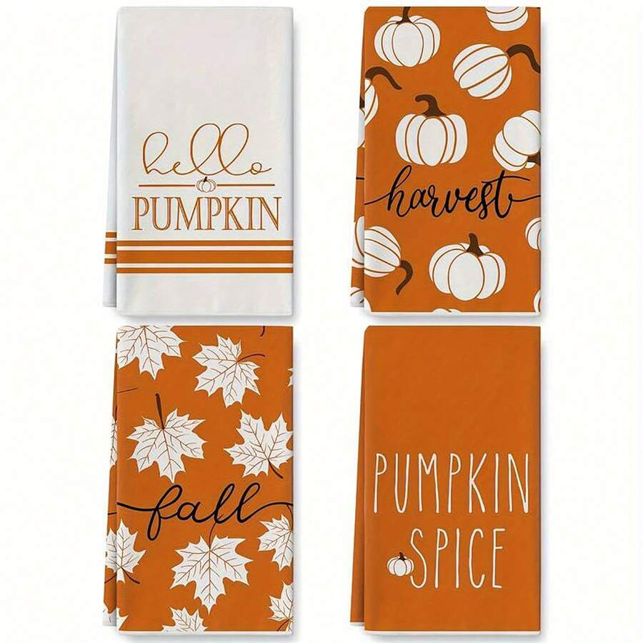 Bộ 4 khăn bếp Autumn Harvest - Polyester siêu mềm, họa tiết bí ngô và lá phong, thích hợp cho Lễ Tạ ơn, Thu hoạch mùa thu, Nấu ăn và nướng bánh tại trang trại - Màu Cam cháy - Xem 1