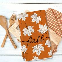 Bộ 4 khăn bếp Autumn Harvest - Polyester siêu mềm, họa tiết bí ngô và lá phong, thích hợp cho Lễ Tạ ơn, Thu hoạch mùa thu, Nấu ăn và nướng bánh tại trang trại - Màu Cam cháy - Xem 4