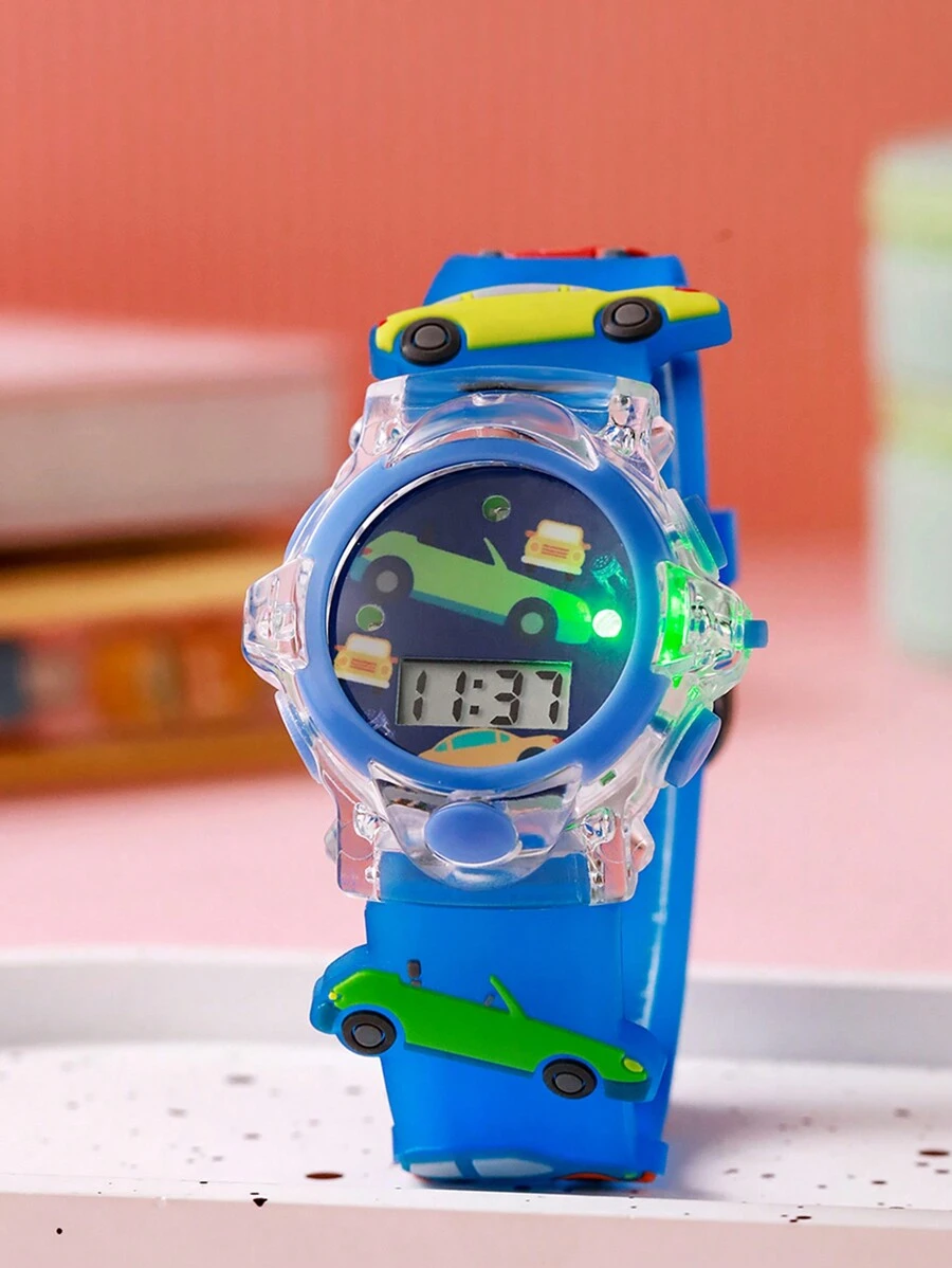 Children's Simple Cute 3D Car Print Strap Macaron Color Adorable Silicone Electronic Watch, Suitable For Birthday Gift, Halloween Gift, 1pc/Set - Blue - View 1